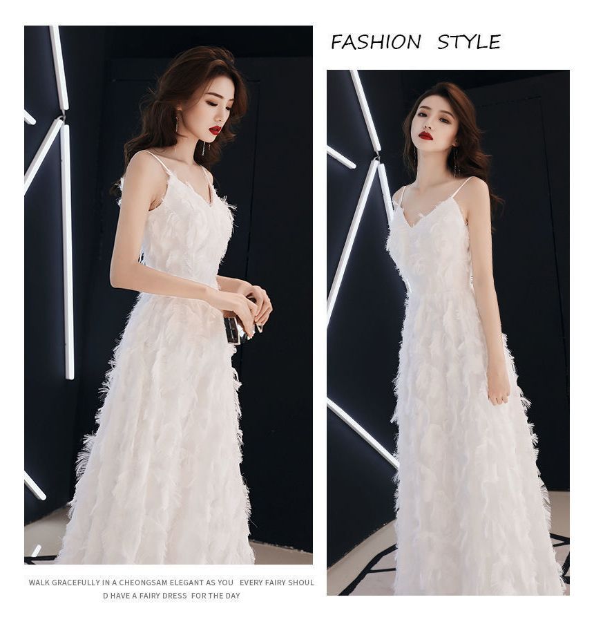 Spaghetti Strap Plain Fringed Trim A-Line Evening Dress SpreePicky