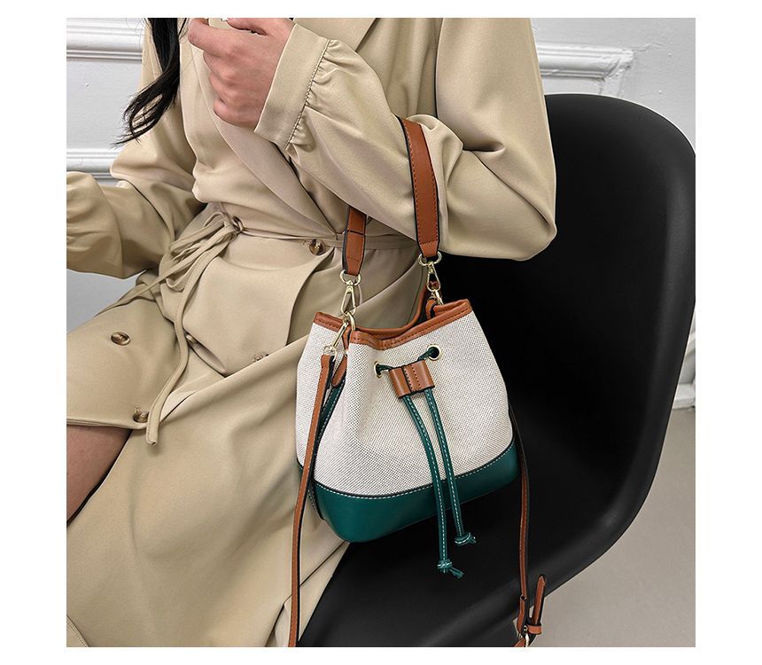 Faux Leather Panel Drawstring Bucket Bag SpreePicky