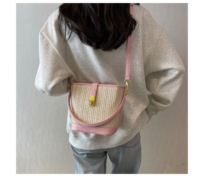 Woven Top Handle Buckled Bucket Bag SpreePicky