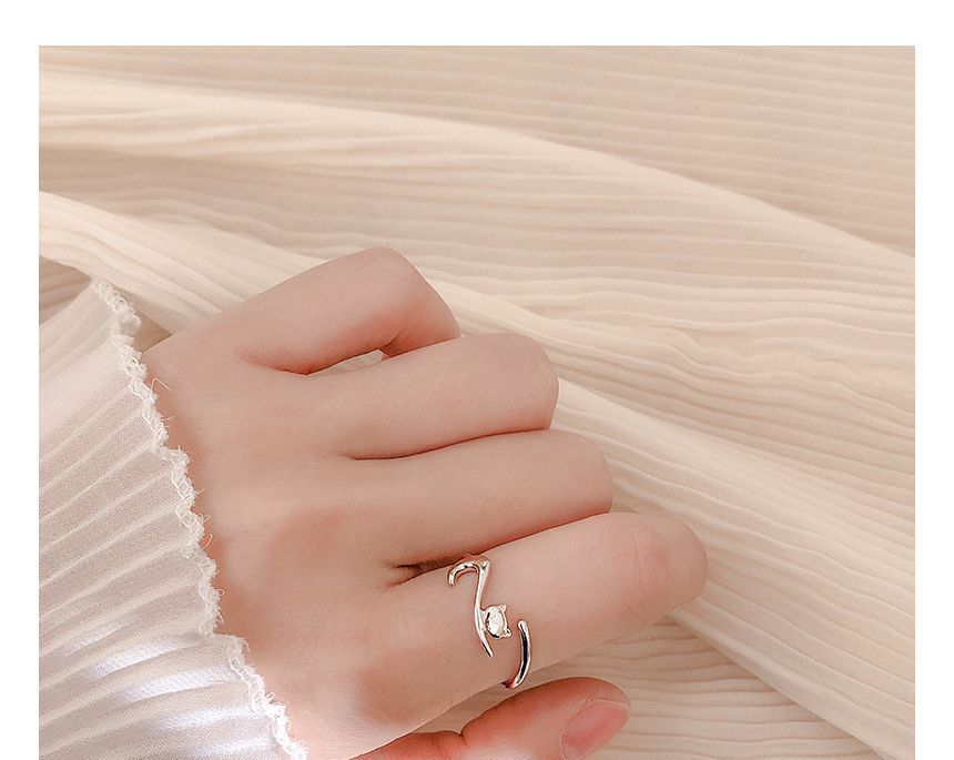 Cat Rhinestone Alloy Open Ring SpreePicky