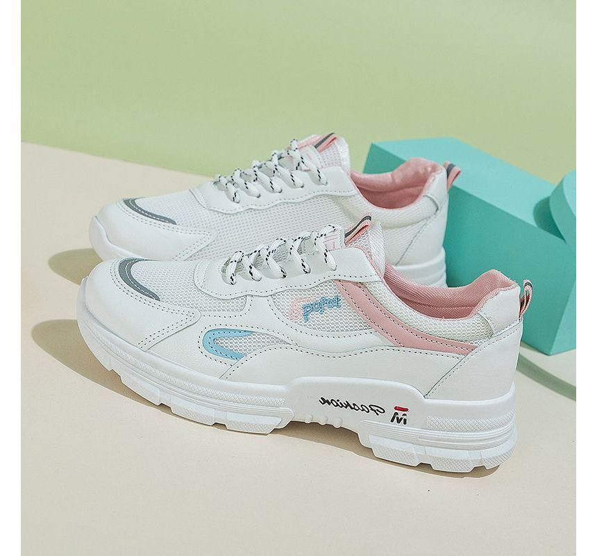 Letter Embroidered Mesh Panel Platform Sneakers SpreePicky