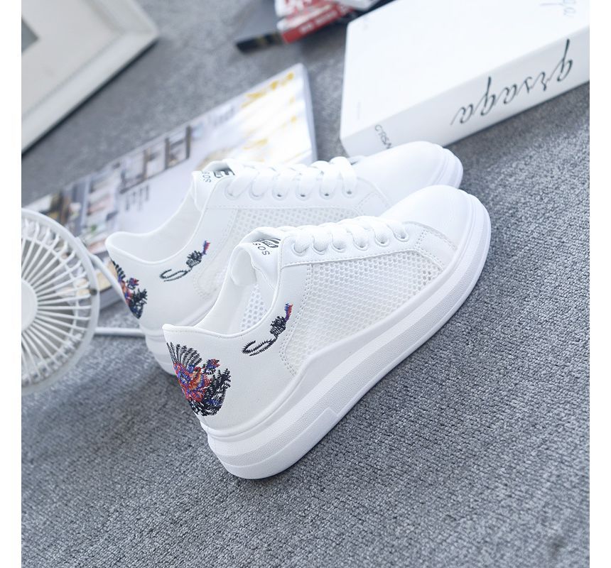 Floral Embroidered Mesh Panel Platform Sneakers SpreePicky