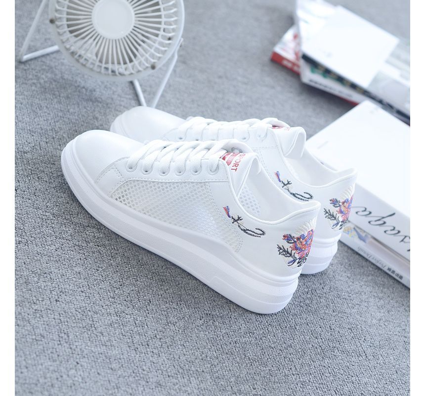 Floral Embroidered Mesh Panel Platform Sneakers SpreePicky