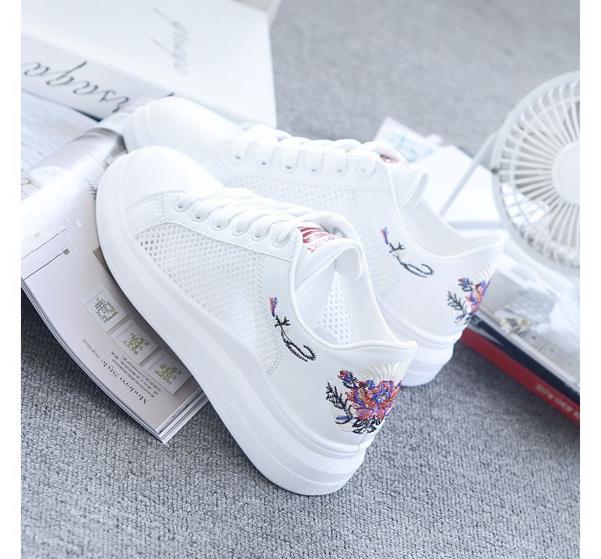 Floral Embroidered Mesh Panel Platform Sneakers SpreePicky