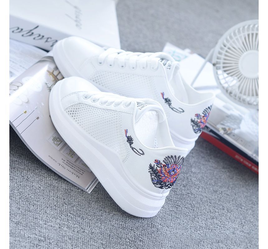 Floral Embroidered Mesh Panel Platform Sneakers SpreePicky