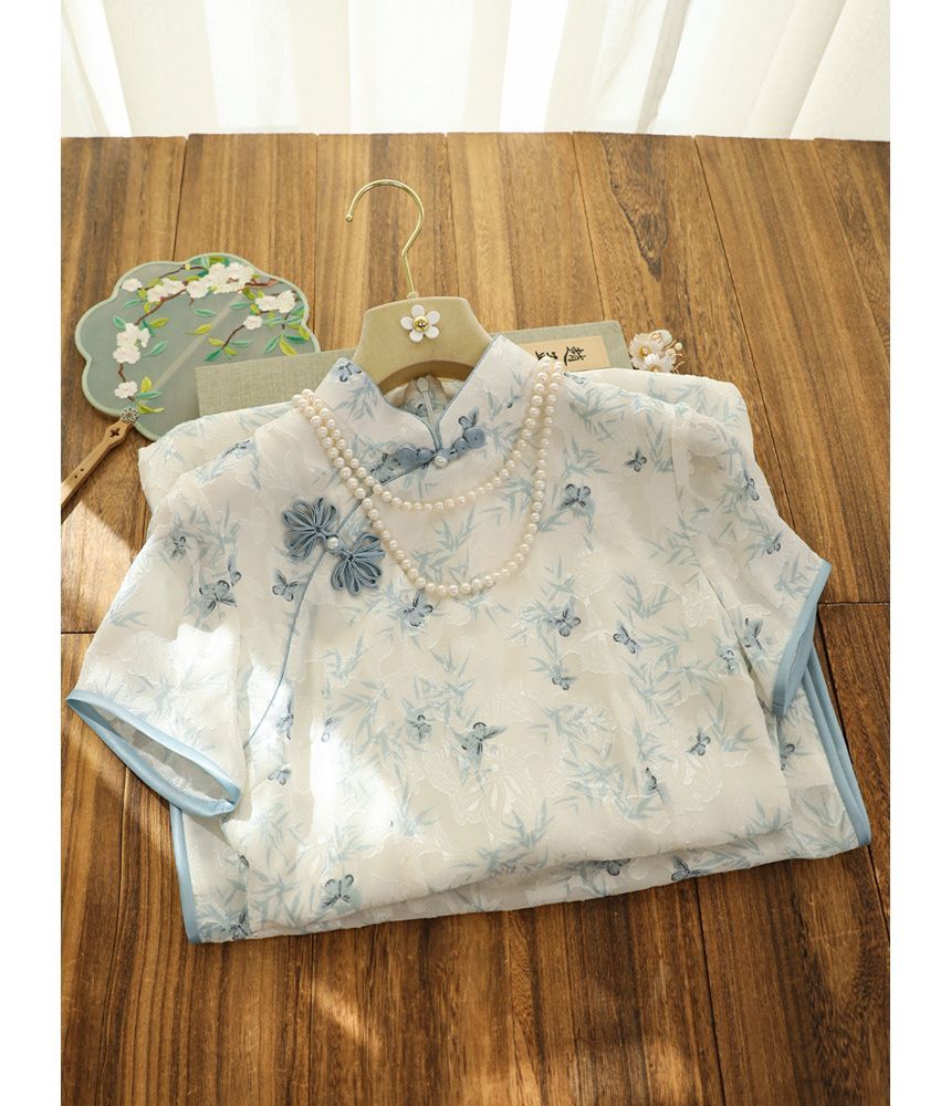 Short-Sleeve Floral Print Midi Qipao SpreePicky