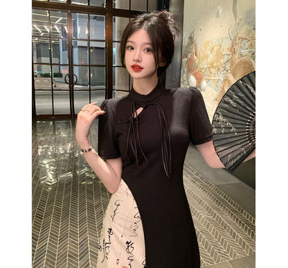 Short-Sleeve Asymmetrical Bow Keyhole Cheongsam Top / High Waist Chinese Character Print Midi A-Line Skirt / Set SpreePicky