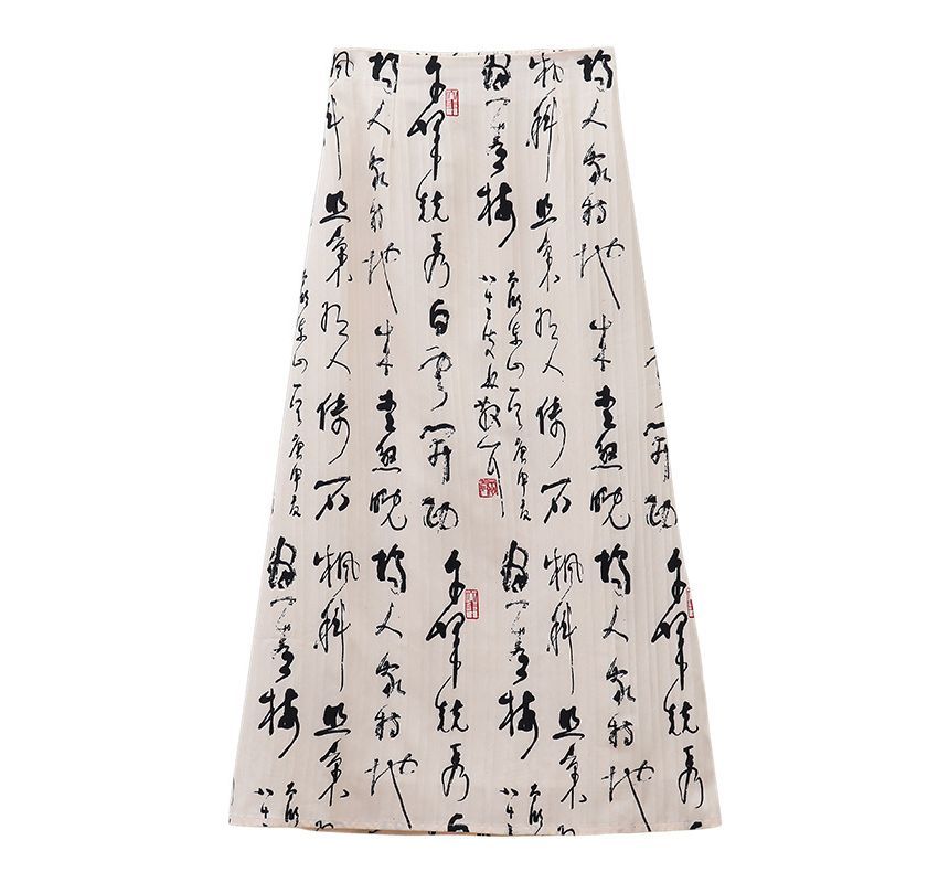 Short-Sleeve Asymmetrical Bow Keyhole Cheongsam Top / High Waist Chinese Character Print Midi A-Line Skirt / Set SpreePicky