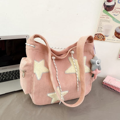 Corduroy Star Applique Drawstring Crossbody Shoulder Bag mySite