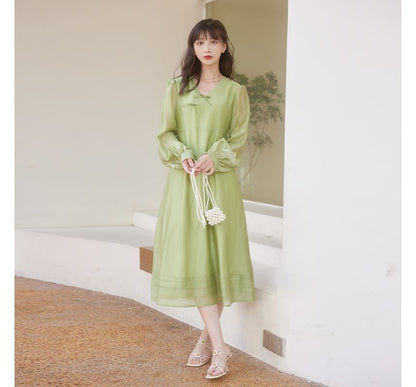 Puff-Sleeve Floral Embroidered Frog Buttoned Ruffled Midi A-Line Dress SpreePicky