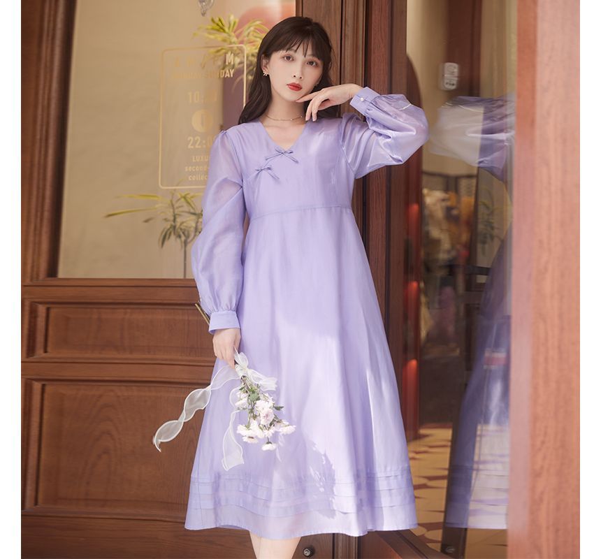 Puff-Sleeve Floral Embroidered Frog Buttoned Ruffled Midi A-Line Dress SpreePicky