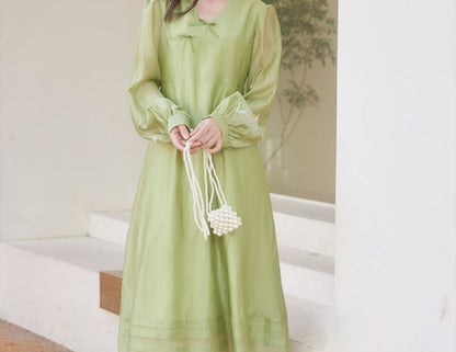 Puff-Sleeve Floral Embroidered Frog Buttoned Ruffled Midi A-Line Dress SpreePicky