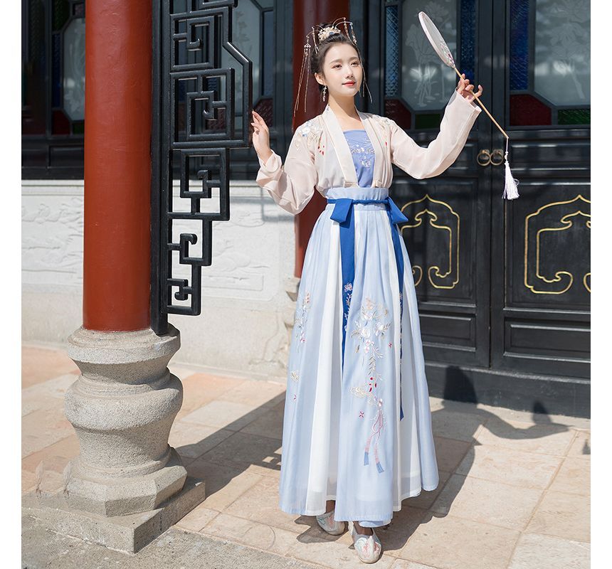 Traditional Chinese Set: Open Front Jacket + Camisole Top + Maxi Skirt SpreePicky