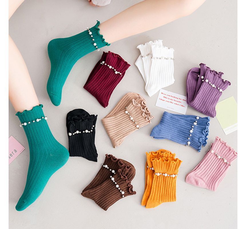 Plain Faux Pearl Beaded Short Socks SpreePicky