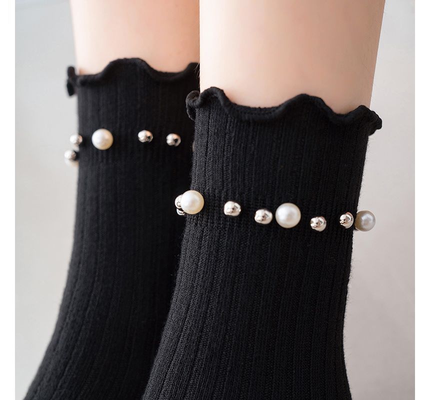 Plain Faux Pearl Beaded Short Socks SpreePicky