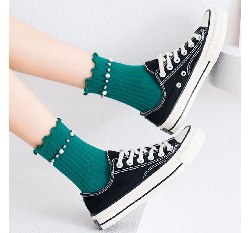 Plain Faux Pearl Beaded Short Socks SpreePicky