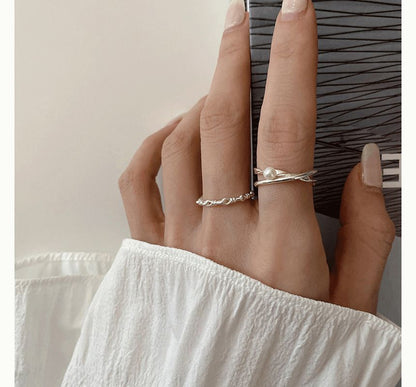 Faux Pearl Layered / Chain Sterling Silver Open Ring SpreePicky