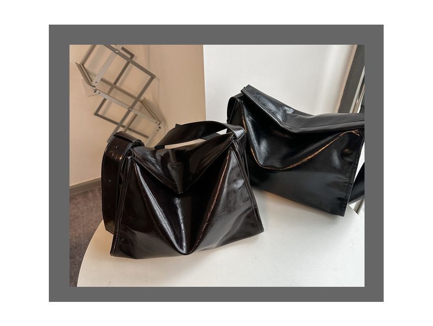 Faux Leather Plain Flap Shoulder Bag mySite