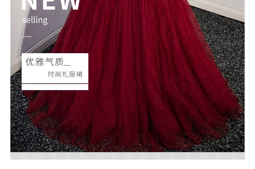 Strapless Bow Shirred A-Line Mesh Evening Gown SpreePicky