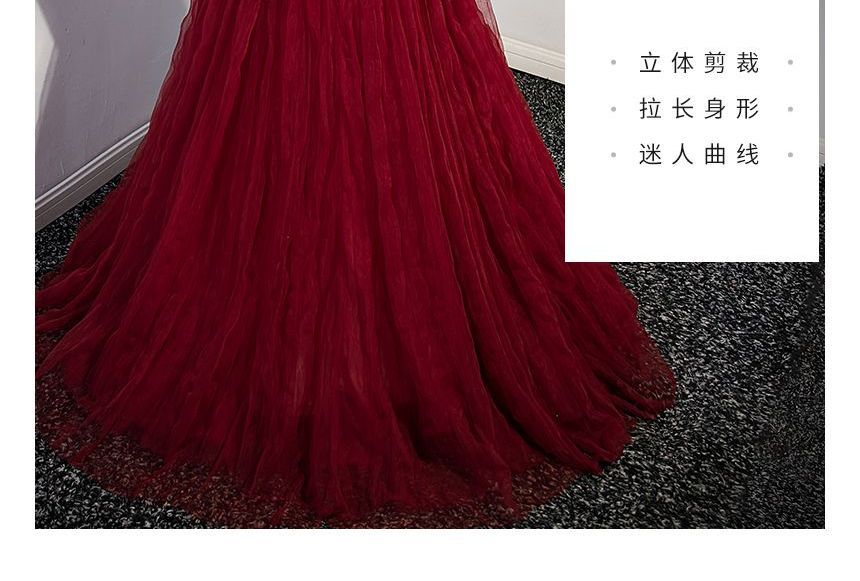 Strapless Bow Shirred A-Line Mesh Evening Gown SpreePicky