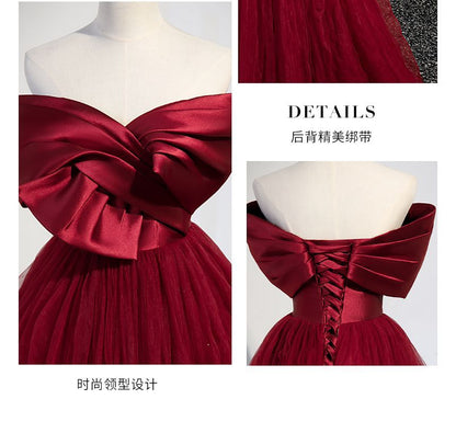 Strapless Bow Shirred A-Line Mesh Evening Gown SpreePicky