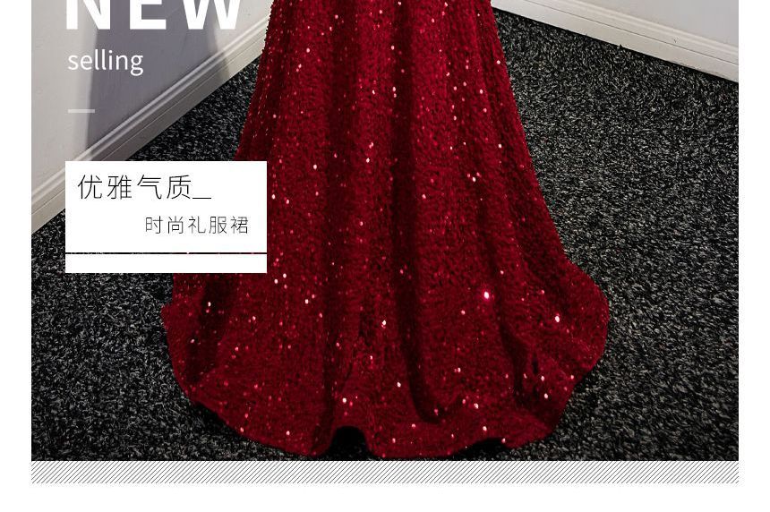 Puff-Sleeve V-Neck Bow Sequined A-Line Evening Gown SpreePicky