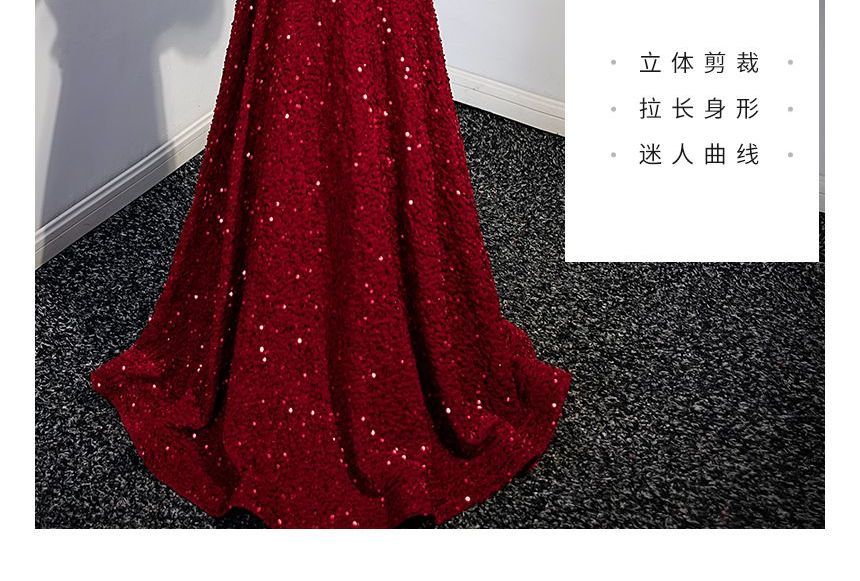 Puff-Sleeve V-Neck Bow Sequined A-Line Evening Gown SpreePicky