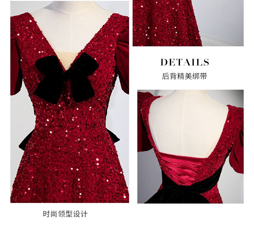 Puff-Sleeve V-Neck Bow Sequined A-Line Evening Gown SpreePicky