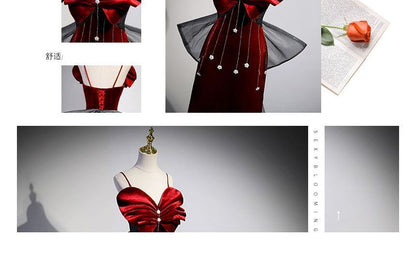 Spaghetti Strap Bow Rhinestone Mermaid Evening Gown SpreePicky