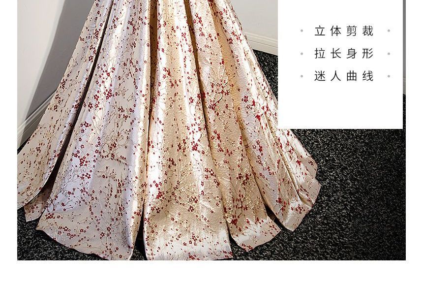 Off-Shoulder Floral Print Ruffled A-Line Evening Gown SpreePicky