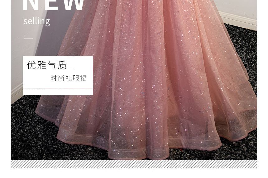 Puff-Sleeve Rhinestone Floral Glitter A-Line Evening Gown SpreePicky