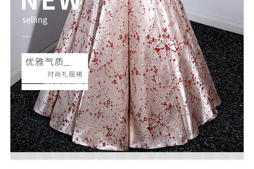 Puff-Sleeve Floral Print Bow A-Line Evening Gown SpreePicky