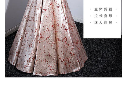 Puff-Sleeve Floral Print Bow A-Line Evening Gown SpreePicky