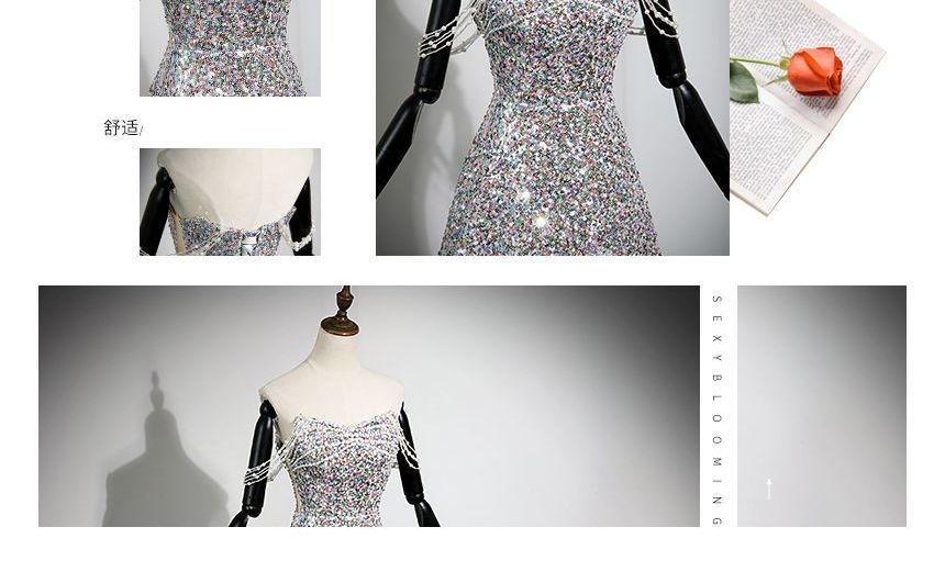 Off-Shoulder Sequined A-Line Evening Gown SpreePicky