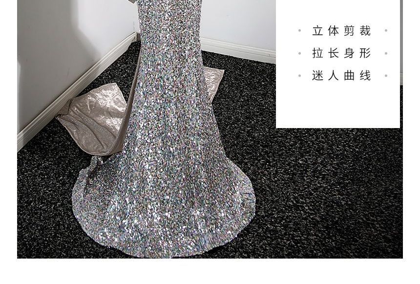 Spaghetti Strap Twisted Bow Sequined Mermaid Evening Gown SpreePicky