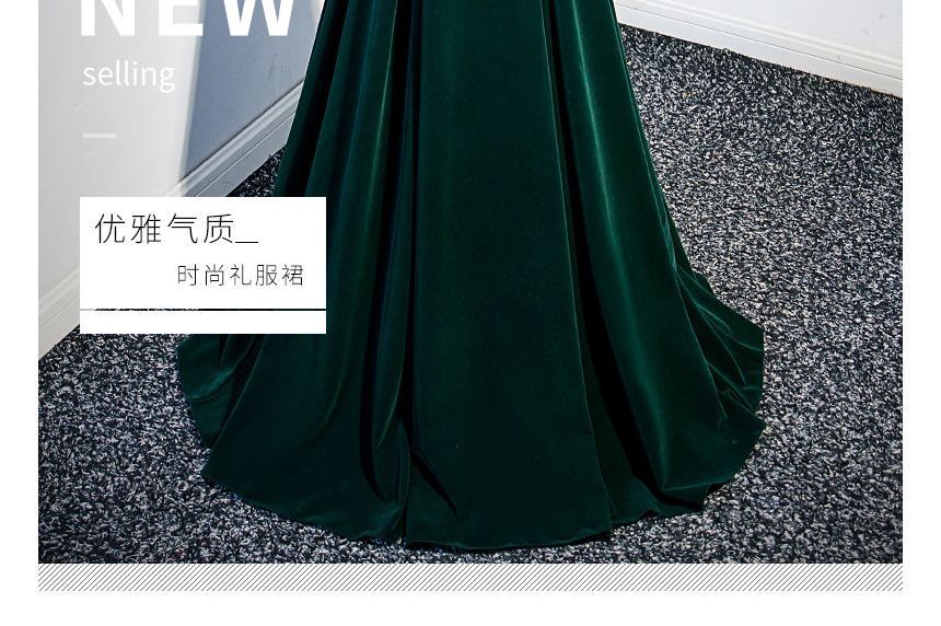 Puff-Sleeve Square Neck Plain Flower Detail A-Line Evening Gown SpreePicky