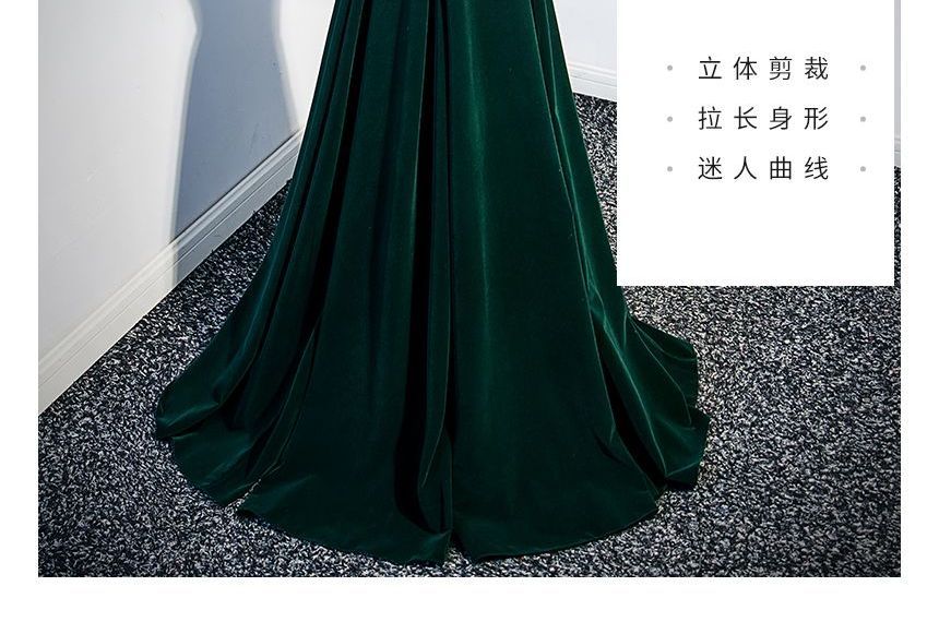 Puff-Sleeve Square Neck Plain Flower Detail A-Line Evening Gown SpreePicky