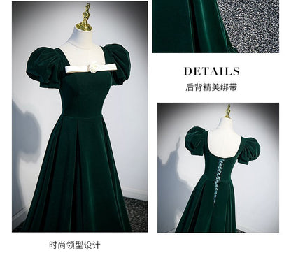 Puff-Sleeve Square Neck Plain Flower Detail A-Line Evening Gown SpreePicky