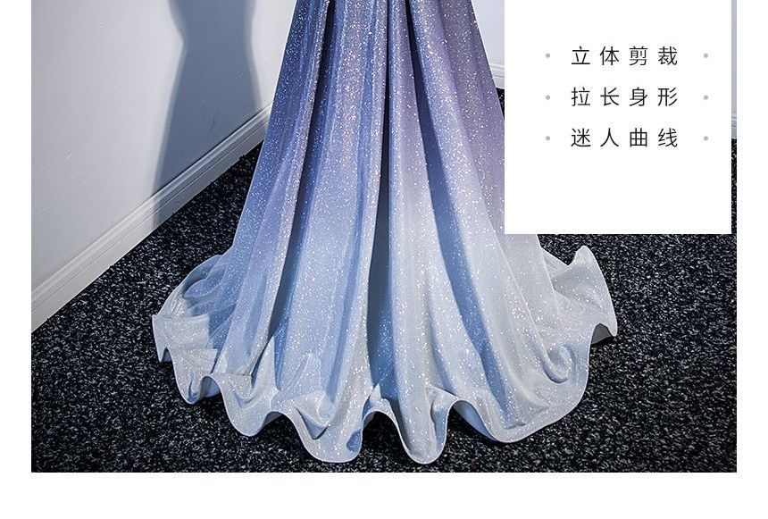 Off-Shoulder Gradient Glitter A-Line Evening Gown SpreePicky