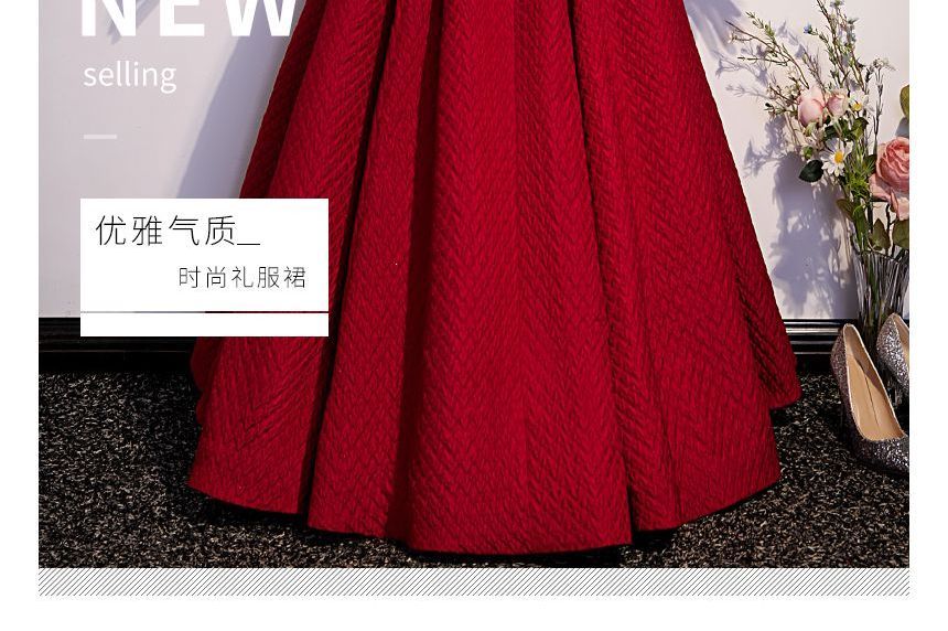 Puff-Sleeve Square Neck Plain Flower Applique A-Line Evening Gown SpreePicky