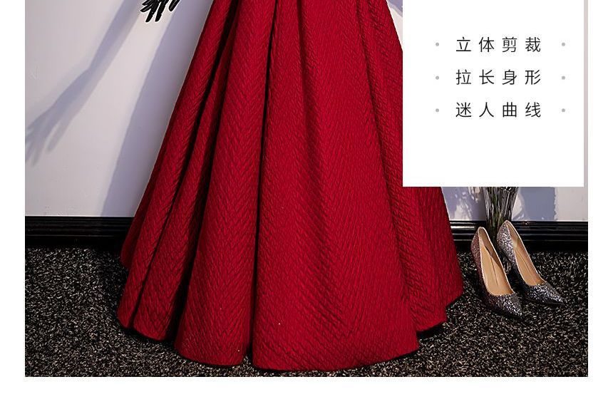 Puff-Sleeve Square Neck Plain Flower Applique A-Line Evening Gown SpreePicky