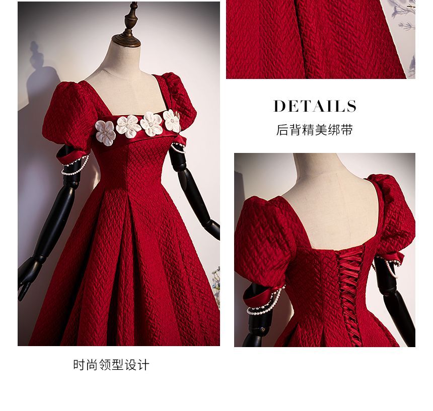 Puff-Sleeve Square Neck Plain Flower Applique A-Line Evening Gown SpreePicky