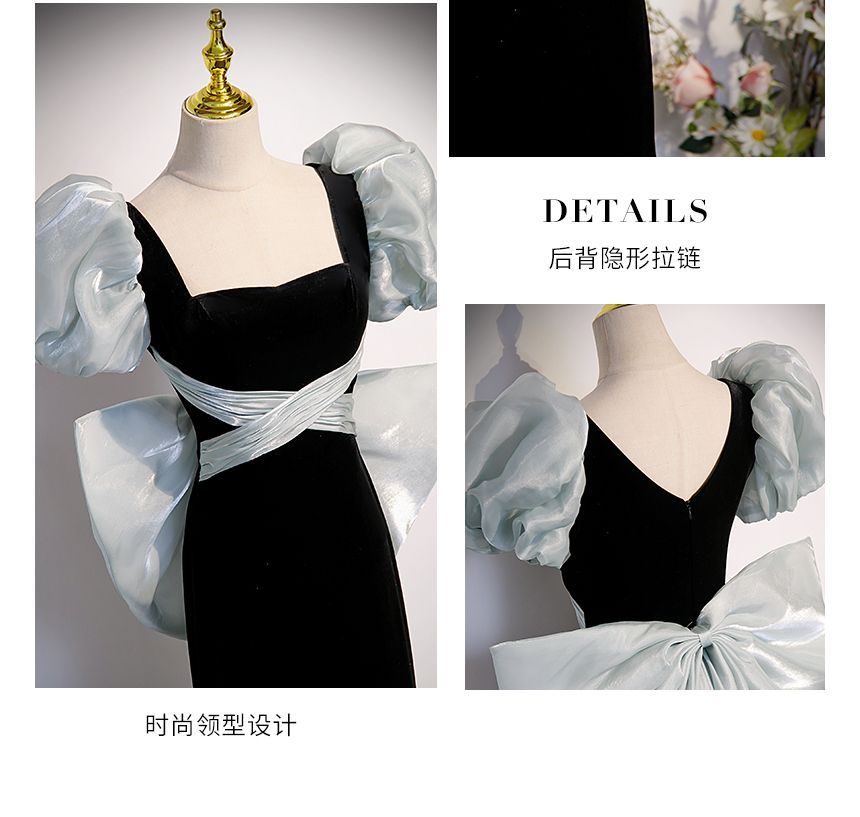 Puff-Sleeve Square Neck Two Tone Bow Back Mermaid Evening Gown SpreePicky