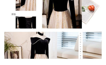 Long-Sleeve Off-Shoulder Two Tone Sequin A-Line Evening Gown SpreePicky