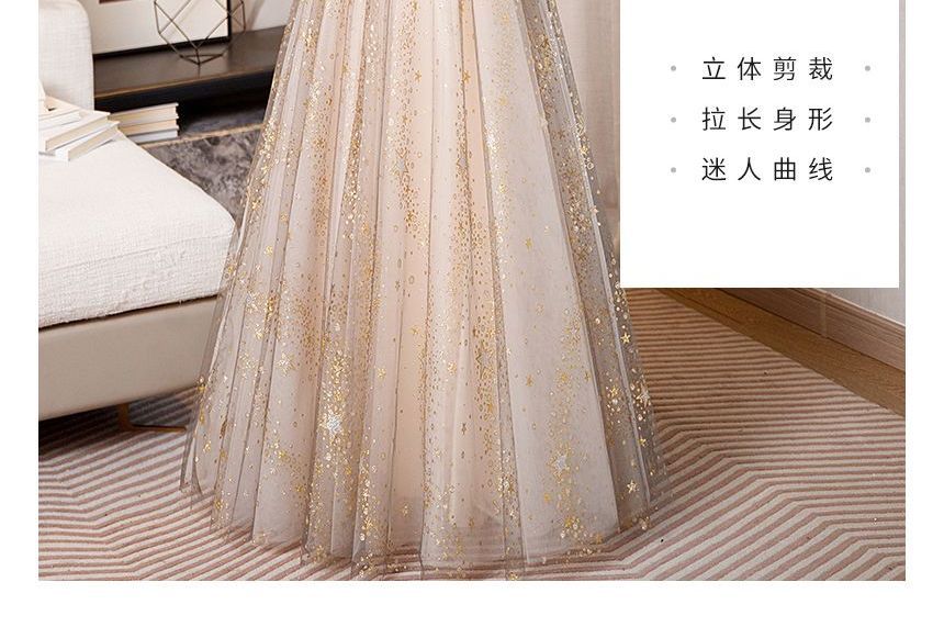 Long-Sleeve Off-Shoulder Two Tone Sequin A-Line Evening Gown SpreePicky