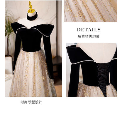 Long-Sleeve Off-Shoulder Two Tone Sequin A-Line Evening Gown SpreePicky