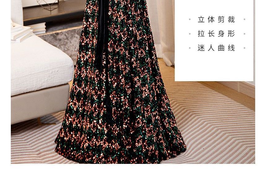 Long-Sleeve Off-Shoulder Sequin Tie Waist A-Line Evening Gown SpreePicky