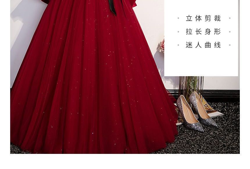 Off-Shoulder Plain Glitter Tie Waist A-Line Ball Gown SpreePicky