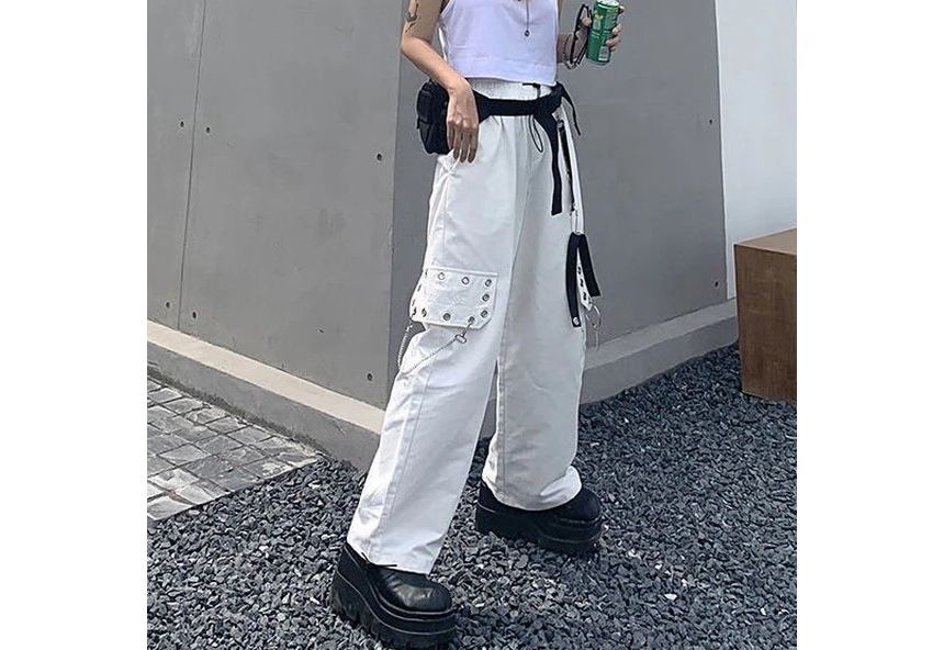 High Waist Lettering Embroidered Loose-Fit Wide-Leg Cargo Pants SpreePicky