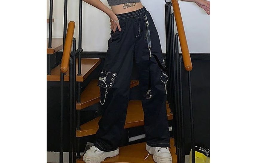 High Waist Lettering Embroidered Loose-Fit Wide-Leg Cargo Pants SpreePicky